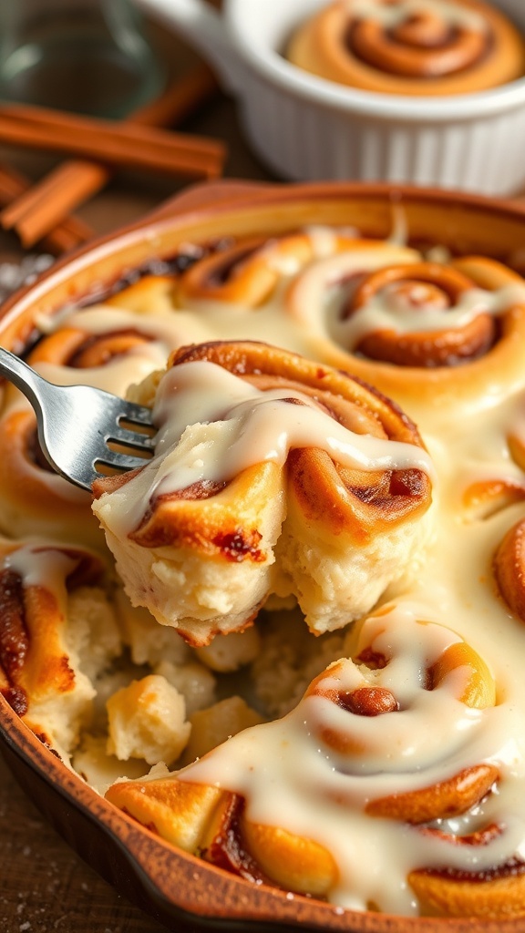 A golden brown cinnamon roll casserole drizzled with icing, served in a rustic dish with a fork.